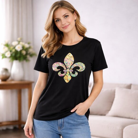 Tops - Black Fleur-De-Lis Graphic Short Sleeve T-Shirt XXL Mardi Gras